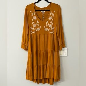 Cupio Mustard Embroidered Boho Dress XL High Low Tiered Tunic (A1)